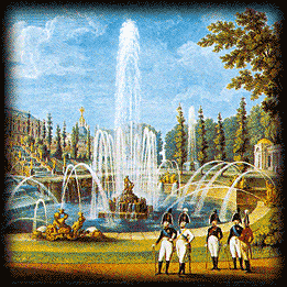 И. Ческий по рисунку М. Шотошникова. Вид Самсонова бассейна с фонтанами и каскадами в Нижнем саду Петергофа. 1810-е